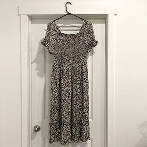 Navy floral square neck smocked midi dress